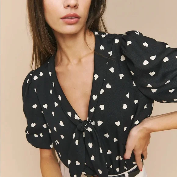 Reformation Joelle Black Heart Print Blouse - Picture 8 of 16